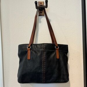 ✦ FOSSIL ✦ Black Authentic Leather Bag Top Handle Brown Trim ✦